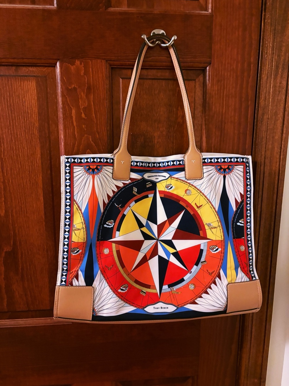 TORY BURCH Ella Sustainable Printed Tote Purse Rose Des Vents Compass Ltd EUC - Picture 6 of 10